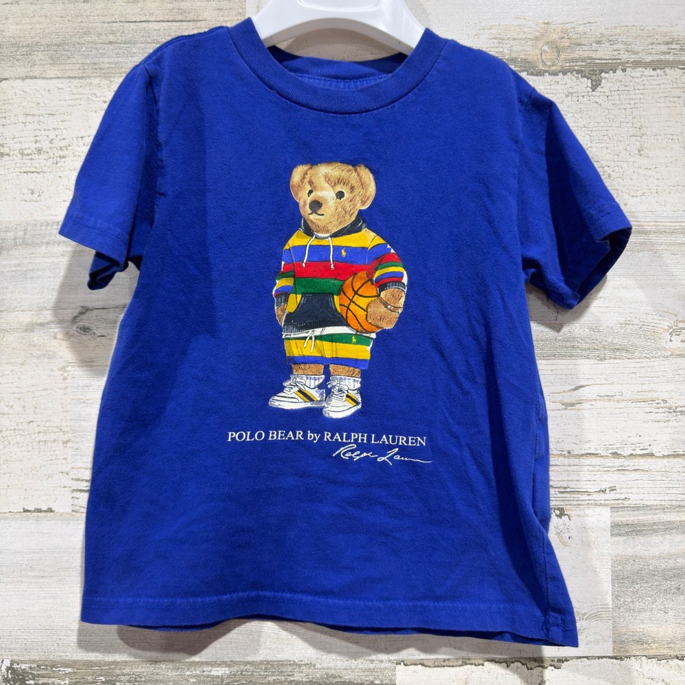 Polo Ralph Lauren T-Shirt Kids 3T Blue Polo Bear Basketball Preppy EUC